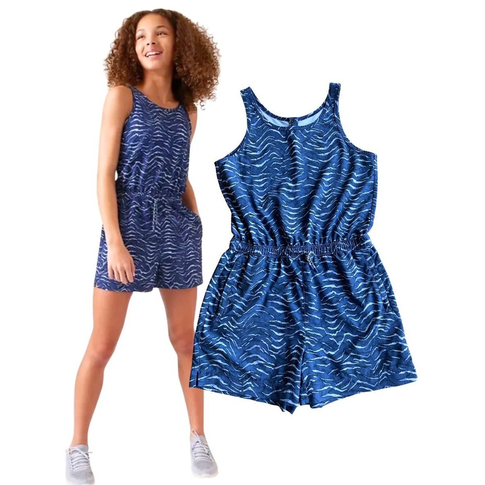 Athleta Girl Play More Blue Romper Sleeveless Elastic Waist Pockets Sz 12 Large